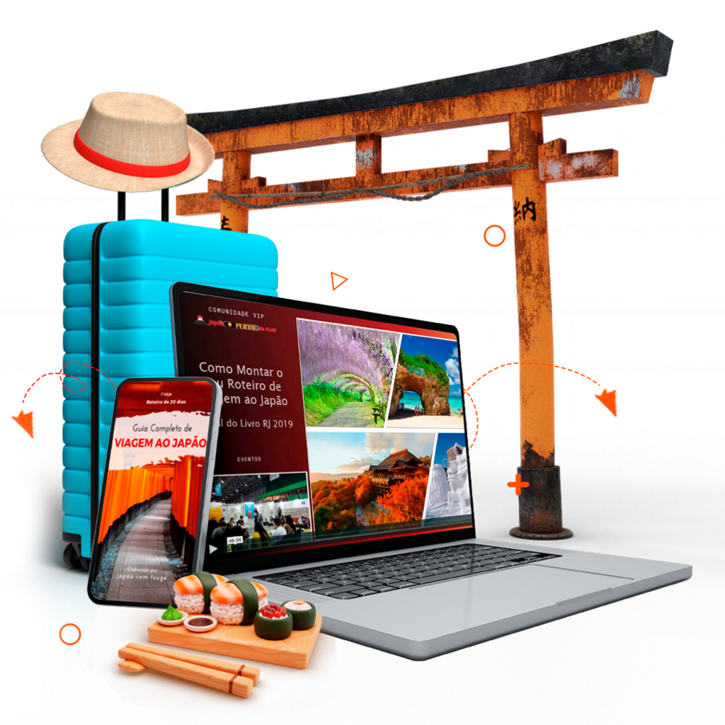 Mockup do Guia Completo de Viagem ao Japão com a capa no celular, notebook, mala e um portal torii
