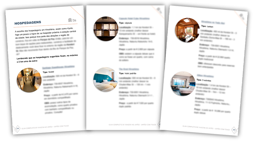 Prévia de páginas do ebook com recomendações de hostel, hotel cápsula, ryokan e hotéis