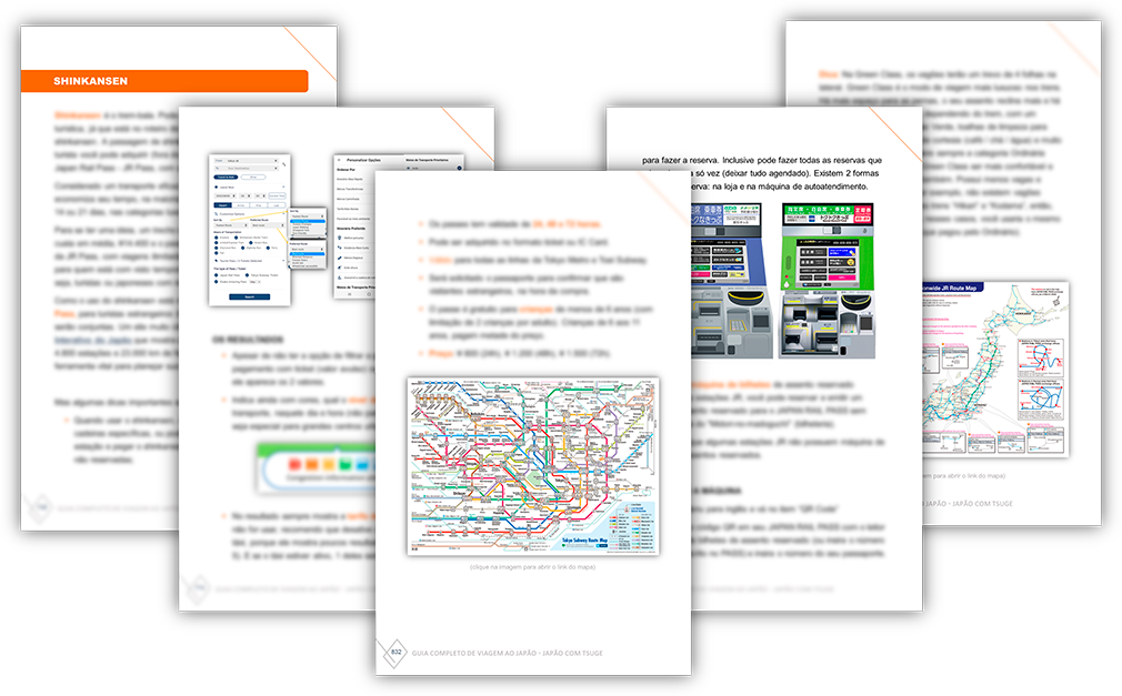 Prévia de páginas do ebook sobre trens, máquinas de bilhetes e mapas de transporte